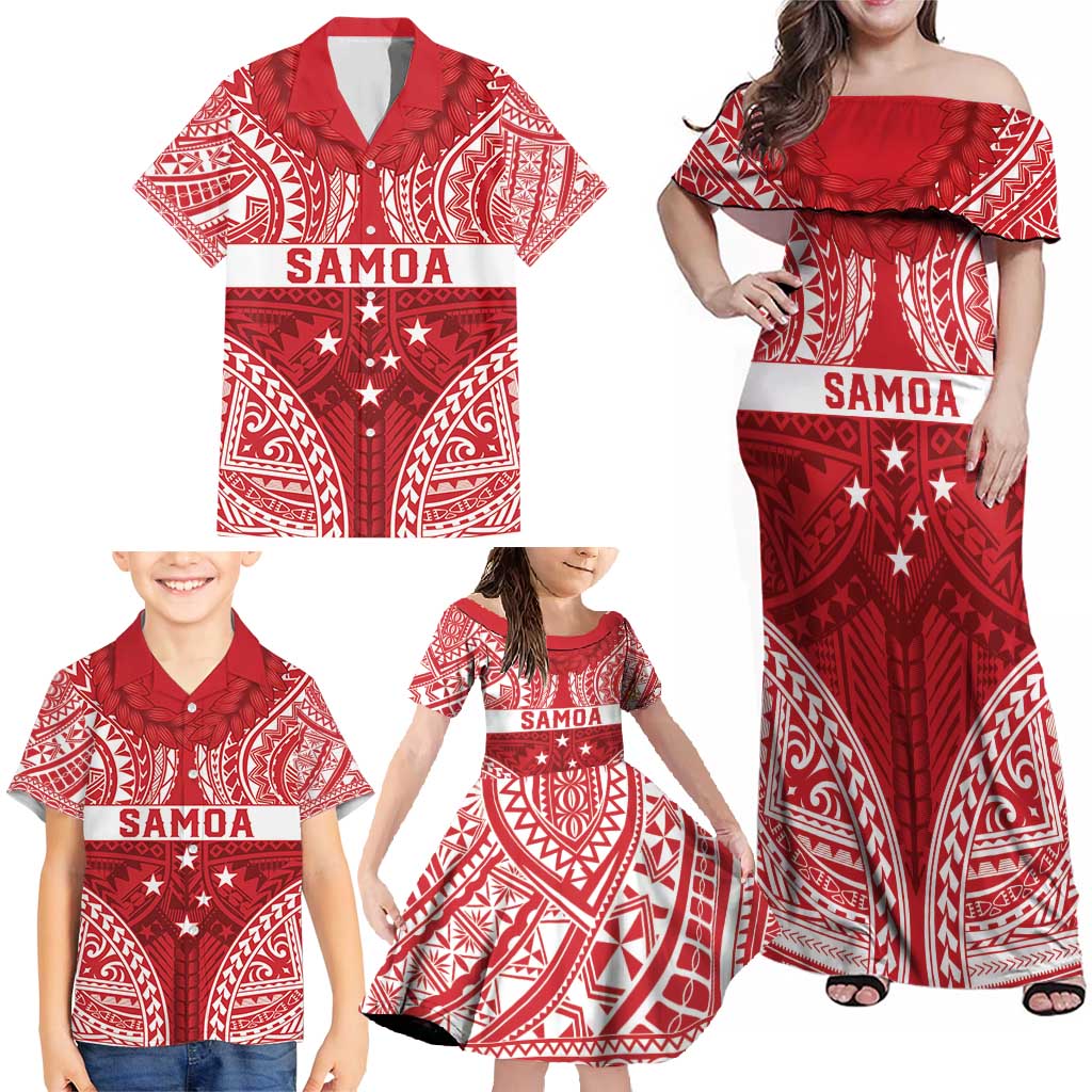 Personalised Toa Samoa Rugby Spirit Family Matching Off Shoulder Maxi Dress and Hawaiian Shirt Red Samoan Tribal Pattern LT9 - Polynesian Pride