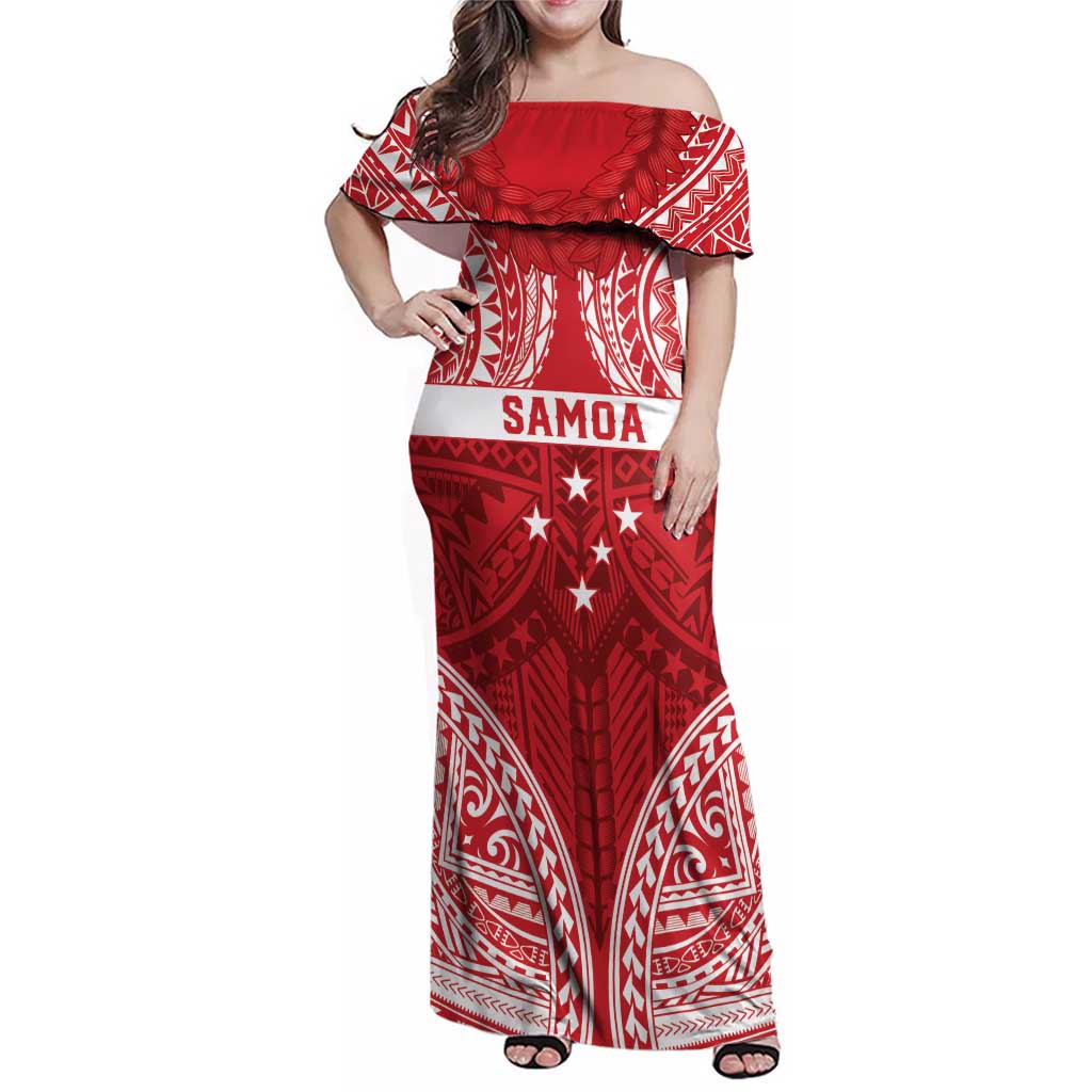 Personalised Toa Samoa Rugby Spirit Family Matching Off Shoulder Maxi Dress and Hawaiian Shirt Red Samoan Tribal Pattern LT9 Mom's Dress Red - Polynesian Pride