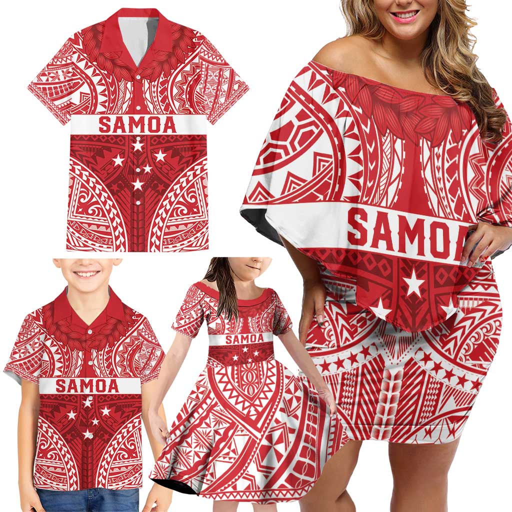 Personalised Toa Samoa Rugby Spirit Family Matching Off Shoulder Short Dress and Hawaiian Shirt Red Samoan Tribal Pattern LT9 - Polynesian Pride
