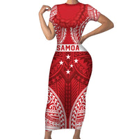 Personalised Toa Samoa Rugby Spirit Family Matching Short Sleeve Bodycon Dress and Hawaiian Shirt Red Samoan Tribal Pattern LT9 Mom's Dress Red - Polynesian Pride