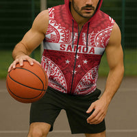 Personalised Toa Samoa Rugby Spirit Sleeveless Zip Hoodie Red Samoan Tribal Pattern - Polynesian Pride
