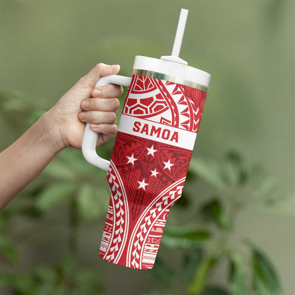 Personalised Toa Samoa Rugby Spirit Tumbler With Handle Red Samoan Tribal Pattern - Polynesian Pride