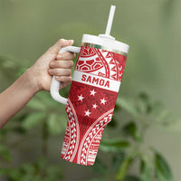 Personalised Toa Samoa Rugby Spirit Tumbler With Handle Red Samoan Tribal Pattern - Polynesian Pride
