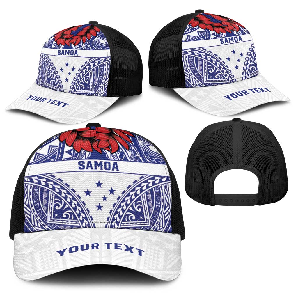 Personalised Toa Samoa Rugby Spirit Baseball Net Cap White Samoan Tribal Pattern - Polynesian Pride