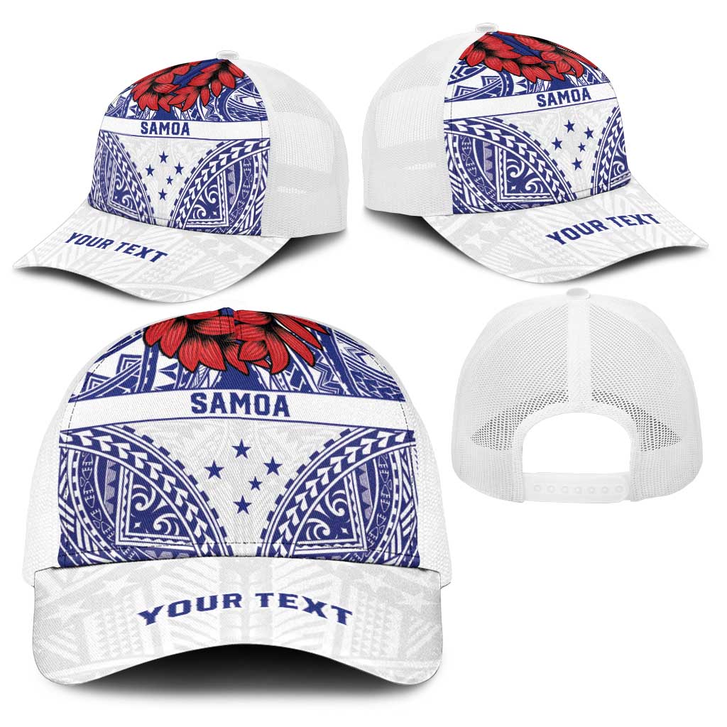 Personalised Toa Samoa Rugby Spirit Baseball Net Cap White Samoan Tribal Pattern - Polynesian Pride