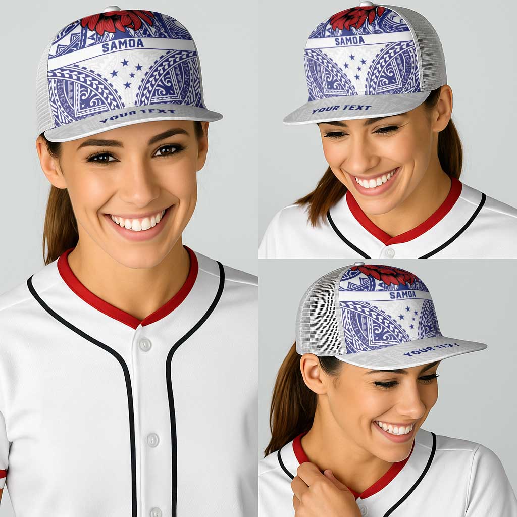 Personalised Toa Samoa Rugby Spirit Baseball Net Cap White Samoan Tribal Pattern - Polynesian Pride