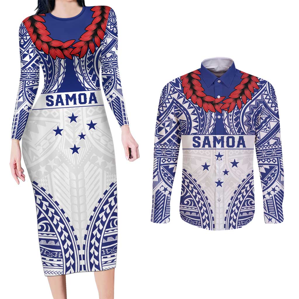 Personalised Toa Samoa Rugby Spirit Couples Matching Long Sleeve Bodycon Dress and Long Sleeve Button Shirt White Samoan Tribal Pattern - Polynesian Pride