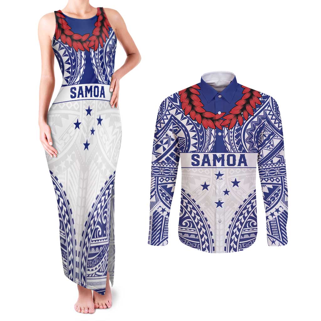Personalised Toa Samoa Rugby Spirit Couples Matching Tank Maxi Dress and Long Sleeve Button Shirt White Samoan Tribal Pattern - Polynesian Pride