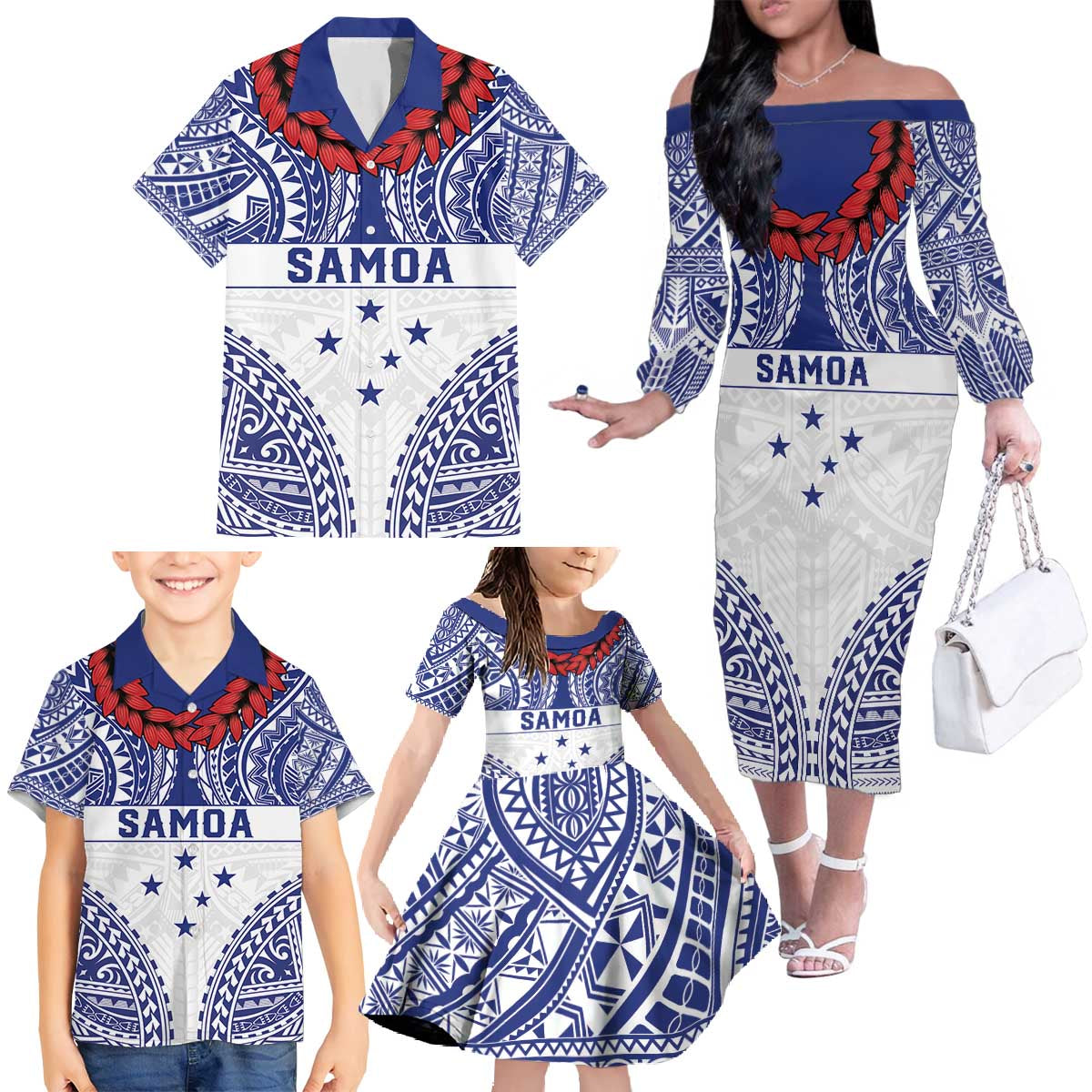 Personalised Toa Samoa Rugby Spirit Family Matching Off The Shoulder Long Sleeve Dress and Hawaiian Shirt White Samoan Tribal Pattern LT9 - Polynesian Pride