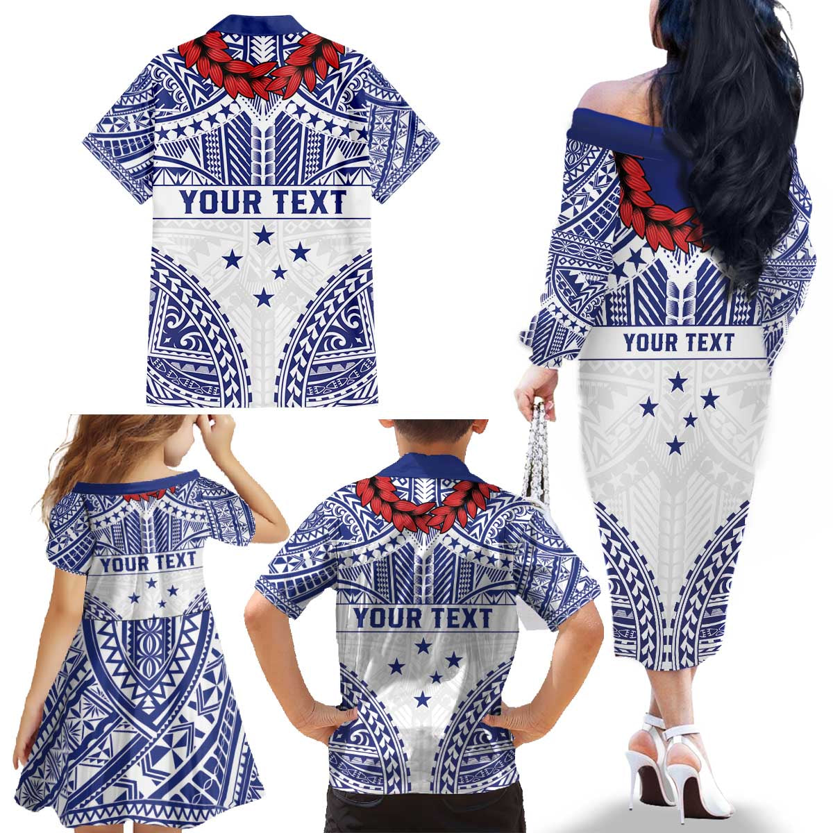 Personalised Toa Samoa Rugby Spirit Family Matching Off The Shoulder Long Sleeve Dress and Hawaiian Shirt White Samoan Tribal Pattern LT9 - Polynesian Pride