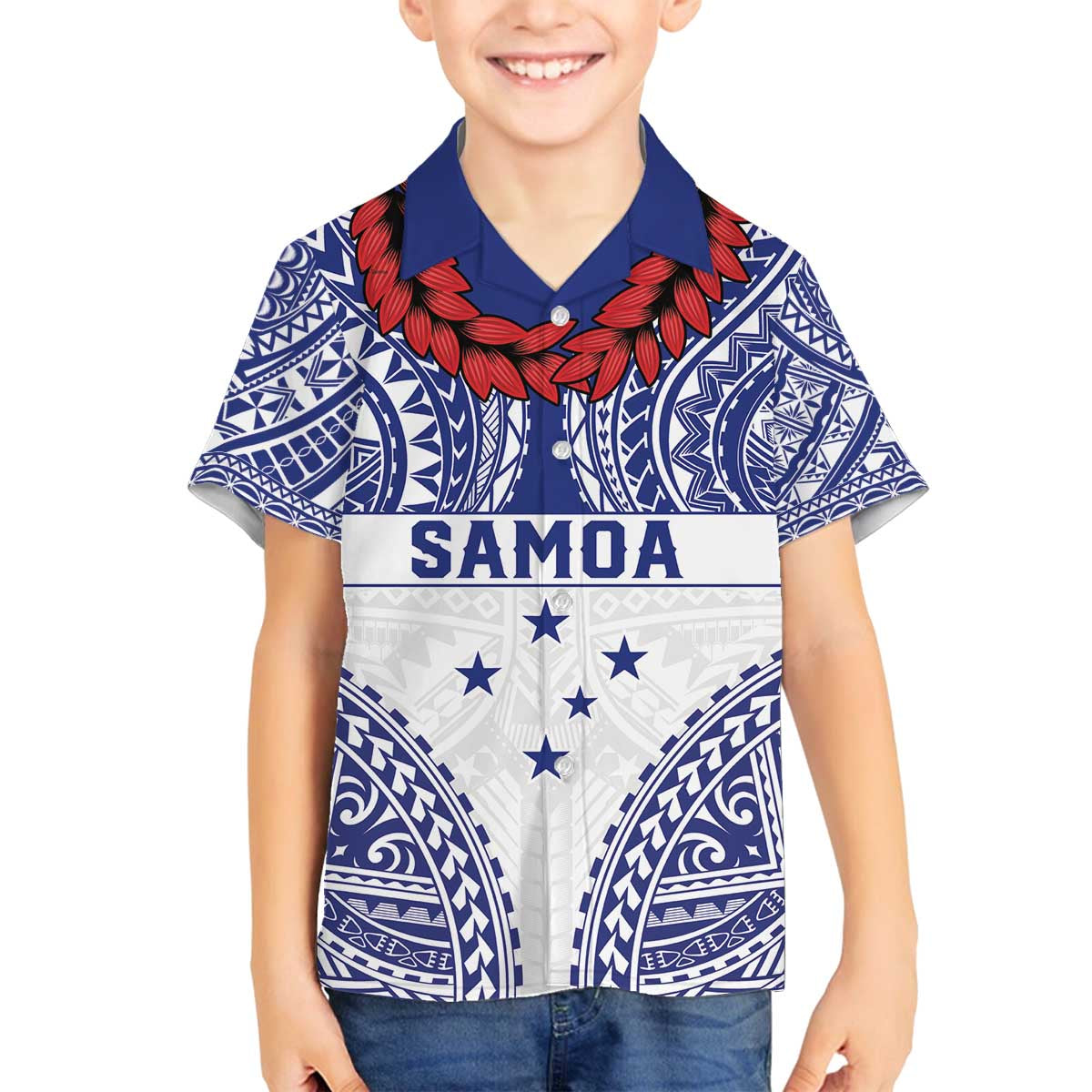 Personalised Toa Samoa Rugby Spirit Family Matching Off The Shoulder Long Sleeve Dress and Hawaiian Shirt White Samoan Tribal Pattern LT9 Son's Shirt White - Polynesian Pride