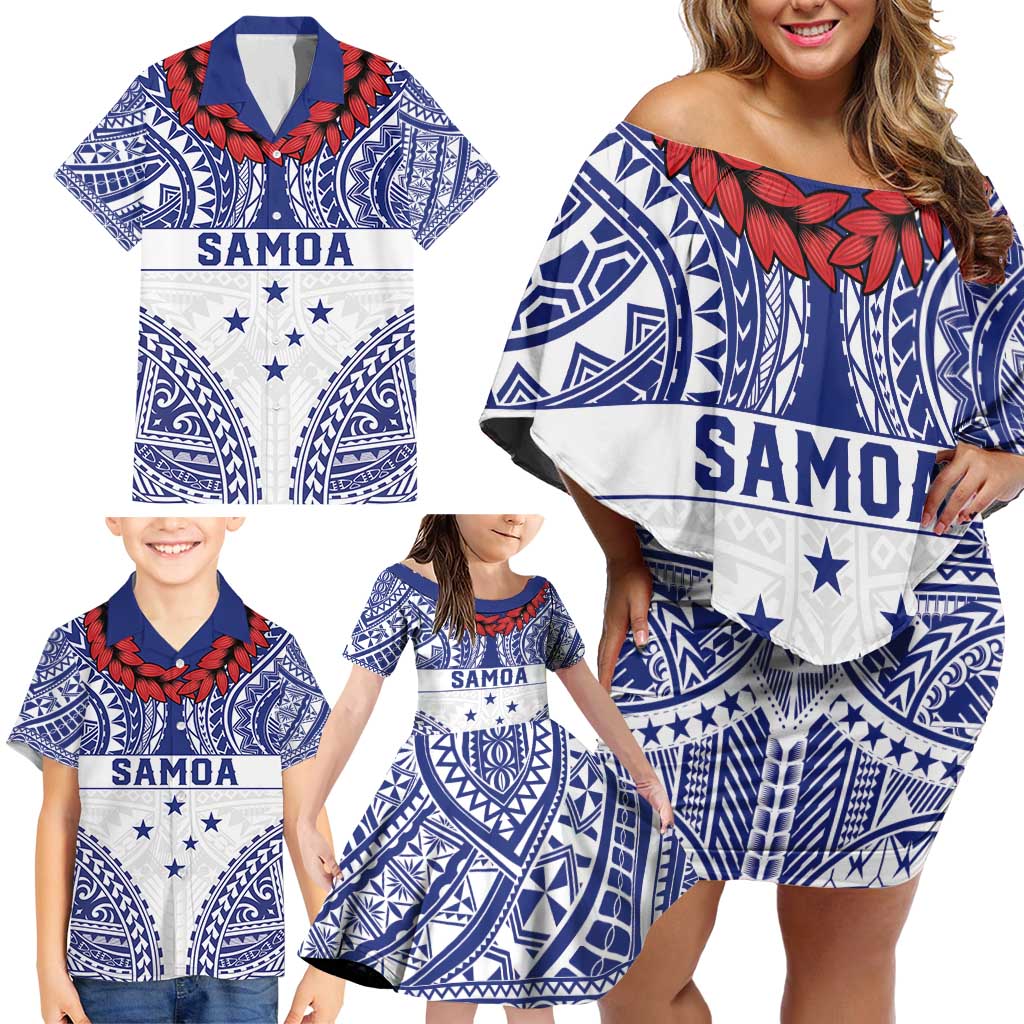 Personalised Toa Samoa Rugby Spirit Family Matching Off Shoulder Short Dress and Hawaiian Shirt White Samoan Tribal Pattern - Polynesian Pride