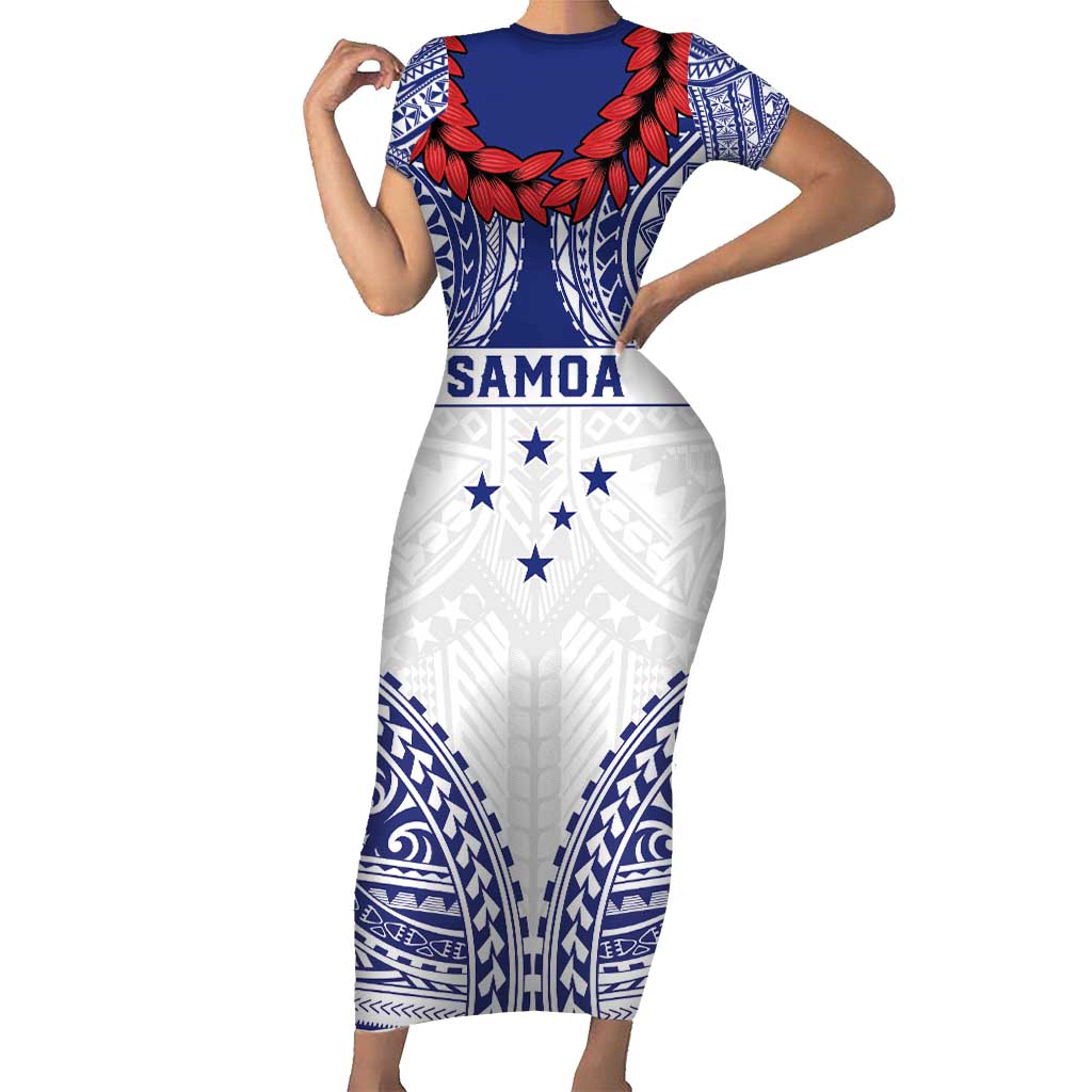 Personalised Toa Samoa Rugby Spirit Family Matching Short Sleeve Bodycon Dress and Hawaiian Shirt White Samoan Tribal Pattern LT9 Mom's Dress White - Polynesian Pride
