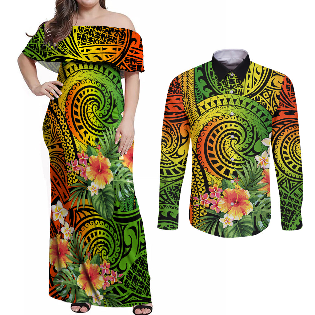 Polynesia Couples Matching Off Shoulder Maxi Dress and Long Sleeve Button Shirt Pasifika Tribal with Tropical Flowers LT9 Reggae - Polynesian Pride