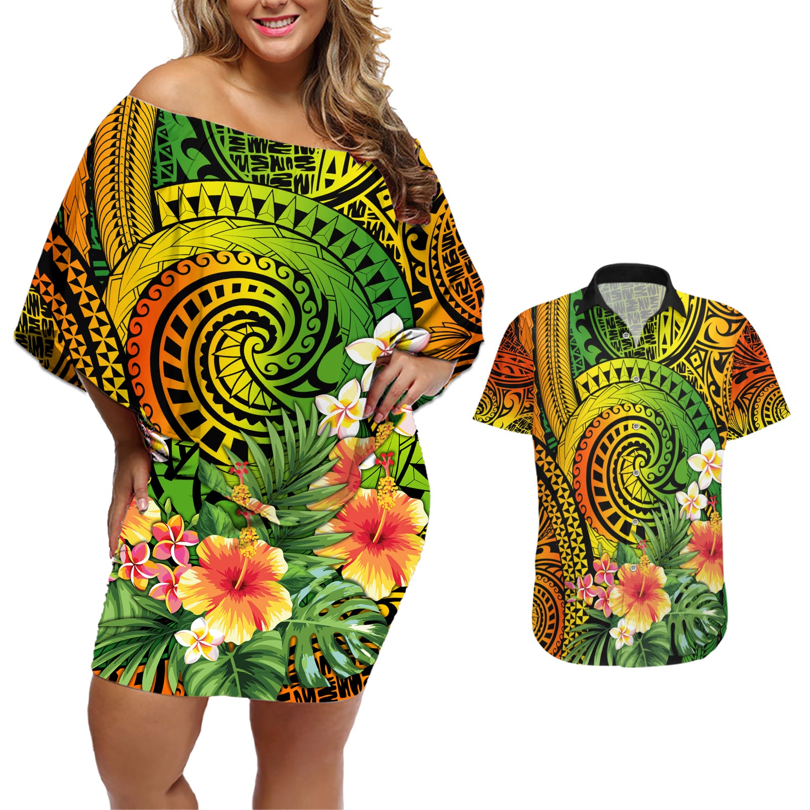 Polynesia Couples Matching Off Shoulder Short Dress and Hawaiian Shirt Pasifika Tribal with Tropical Flowers LT9 Reggae - Polynesian Pride