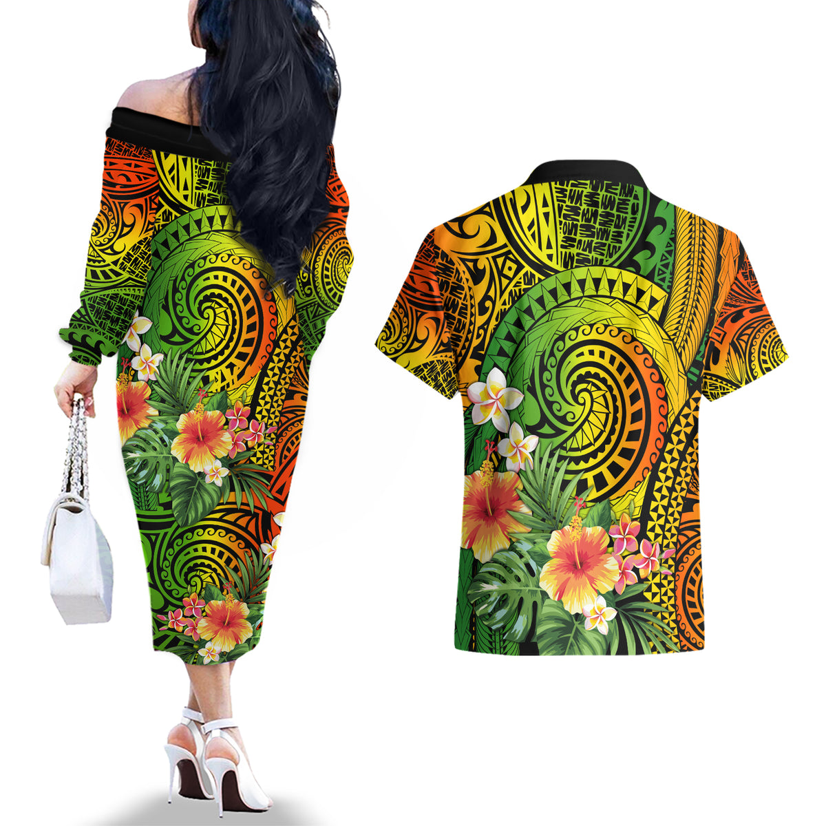 Polynesia Couples Matching Off The Shoulder Long Sleeve Dress and Hawaiian Shirt Pasifika Tribal with Tropical Flowers LT9 - Polynesian Pride