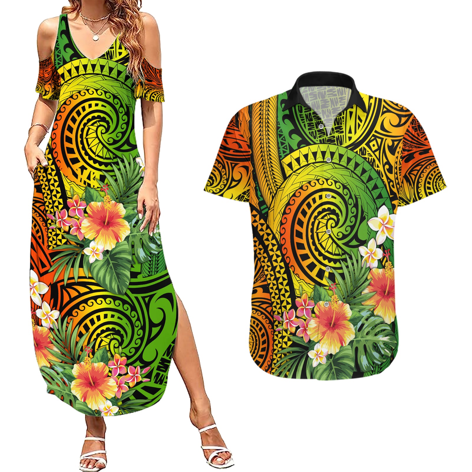 Polynesia Couples Matching Summer Maxi Dress and Hawaiian Shirt Pasifika Tribal with Tropical Flowers LT9 Reggae - Polynesian Pride