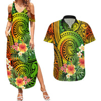Polynesia Couples Matching Summer Maxi Dress and Hawaiian Shirt Pasifika Tribal with Tropical Flowers LT9 Reggae - Polynesian Pride