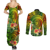 Polynesia Couples Matching Summer Maxi Dress and Long Sleeve Button Shirt Pasifika Tribal with Tropical Flowers LT9 - Polynesian Pride