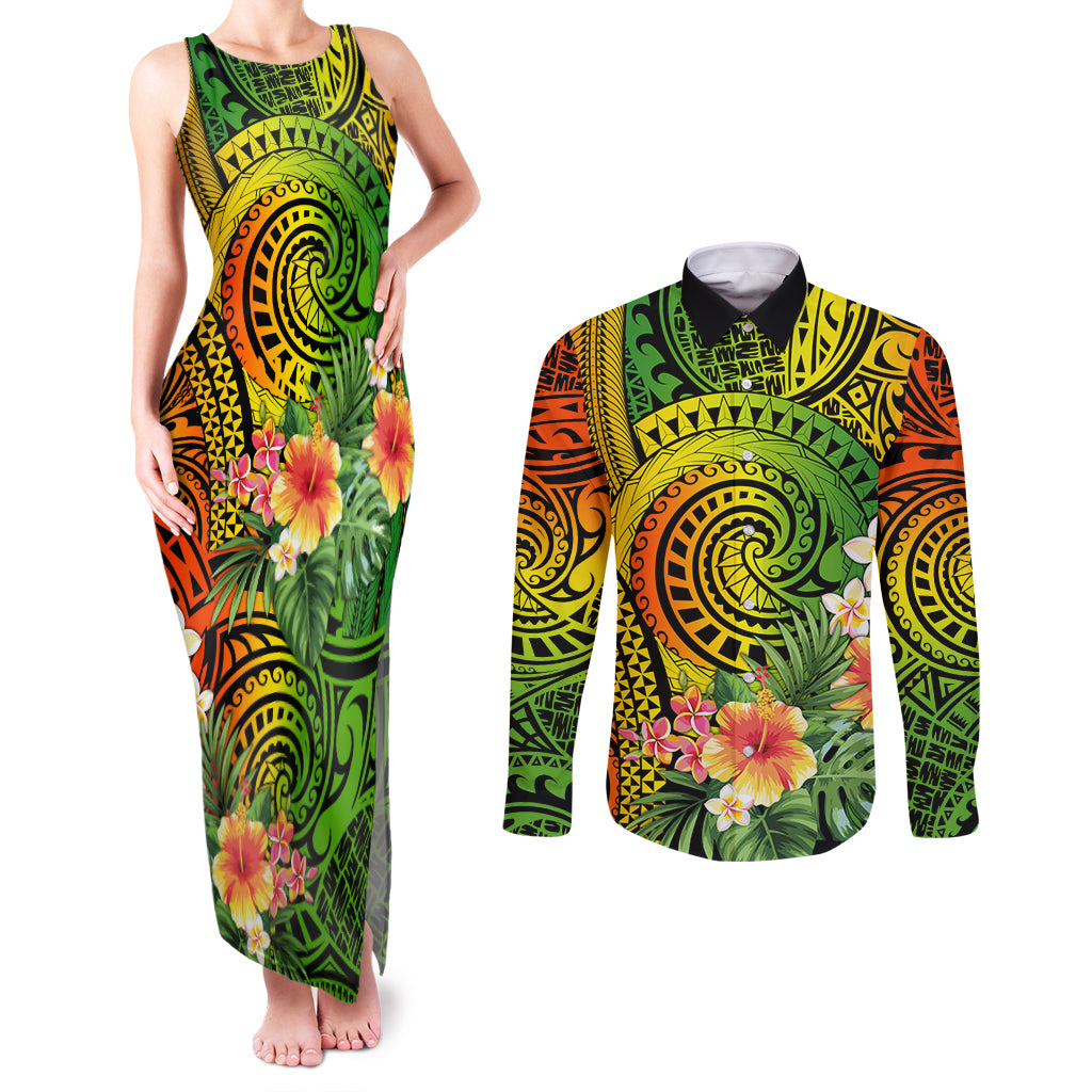 Polynesia Couples Matching Tank Maxi Dress and Long Sleeve Button Shirt Pasifika Tribal with Tropical Flowers LT9 Reggae - Polynesian Pride
