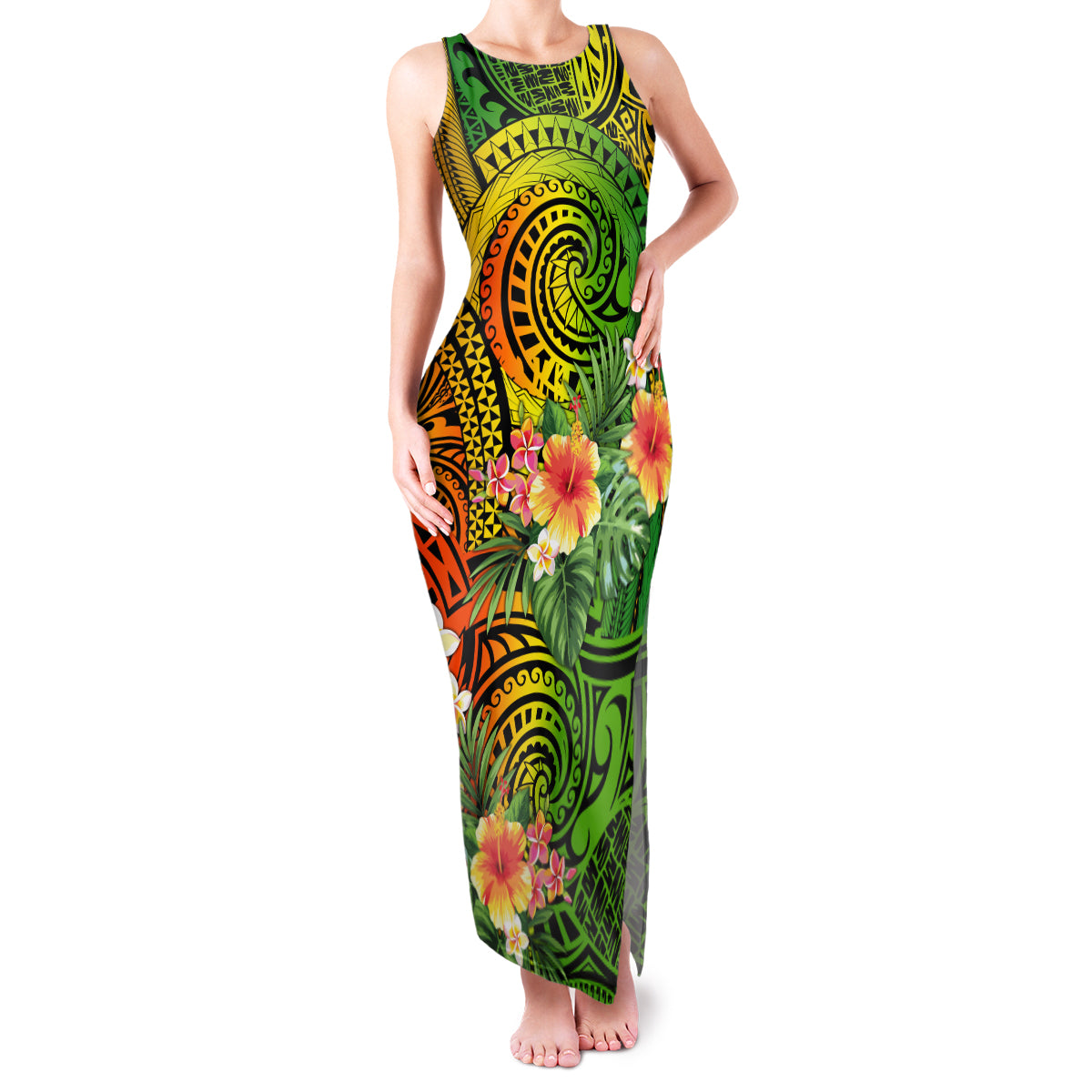 Polynesia Family Matching Tank Maxi Dress and Hawaiian Shirt Pasifika Tribal with Tropical Flowers LT9 Mom's Dress Reggae - Polynesian Pride