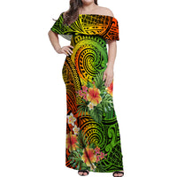 Polynesia Off Shoulder Maxi Dress Pasifika Tribal with Tropical Flowers LT9 Women Reggae - Polynesian Pride