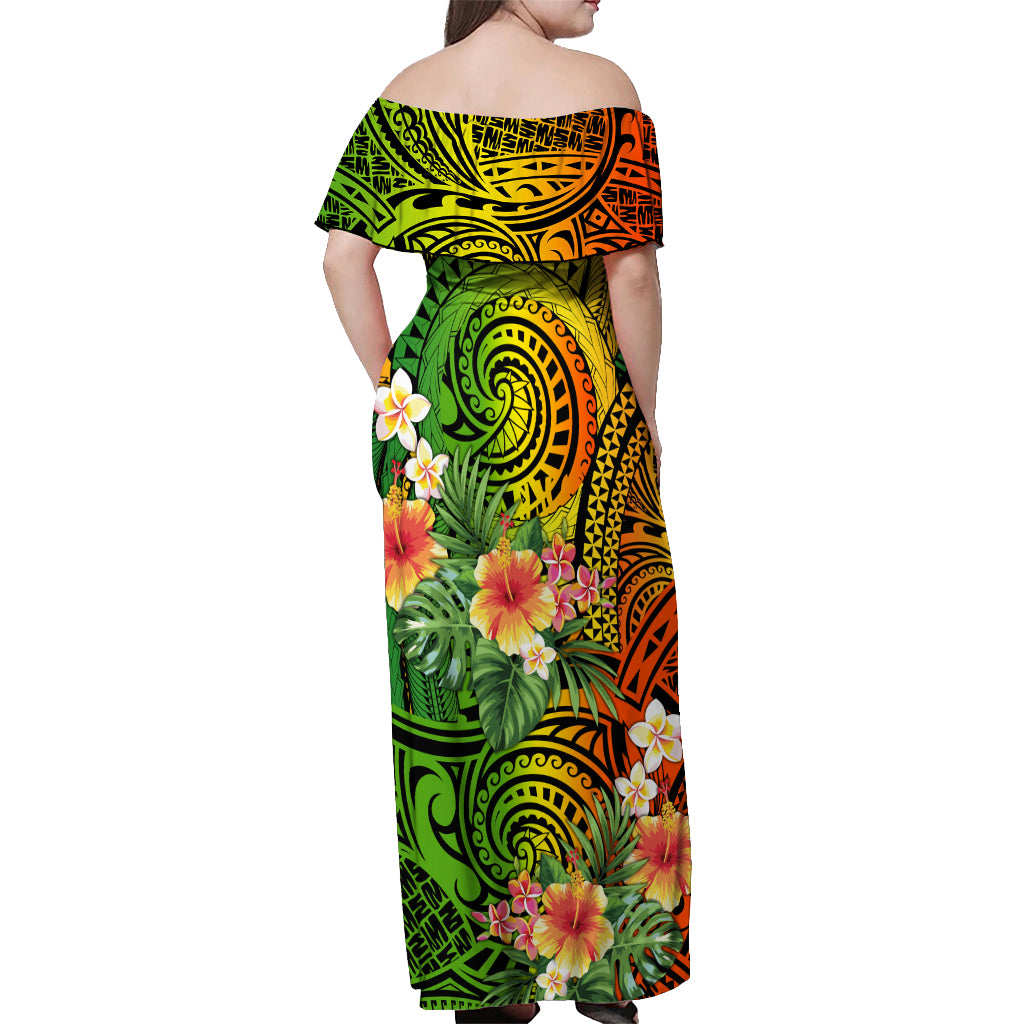 Polynesia Off Shoulder Maxi Dress Pasifika Tribal with Tropical Flowers LT9 - Polynesian Pride