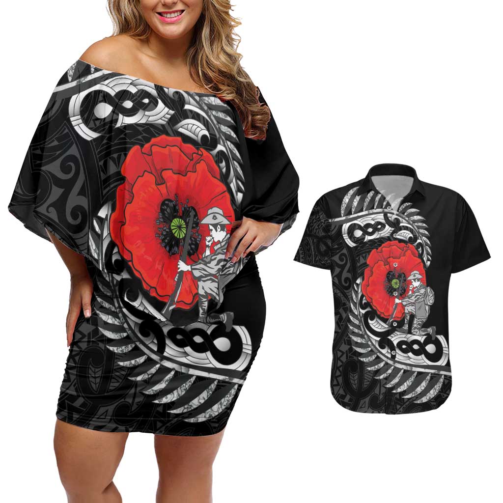 ANZAC Day Aotearoa Silver Fern Maori Personalised Couples Matching Off Shoulder Short Dress and Hawaiian Shirt LT9 Black - Polynesian Pride