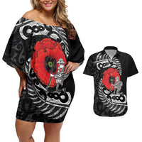 ANZAC Day Aotearoa Silver Fern Maori Personalised Couples Matching Off Shoulder Short Dress and Hawaiian Shirt LT9 Black - Polynesian Pride