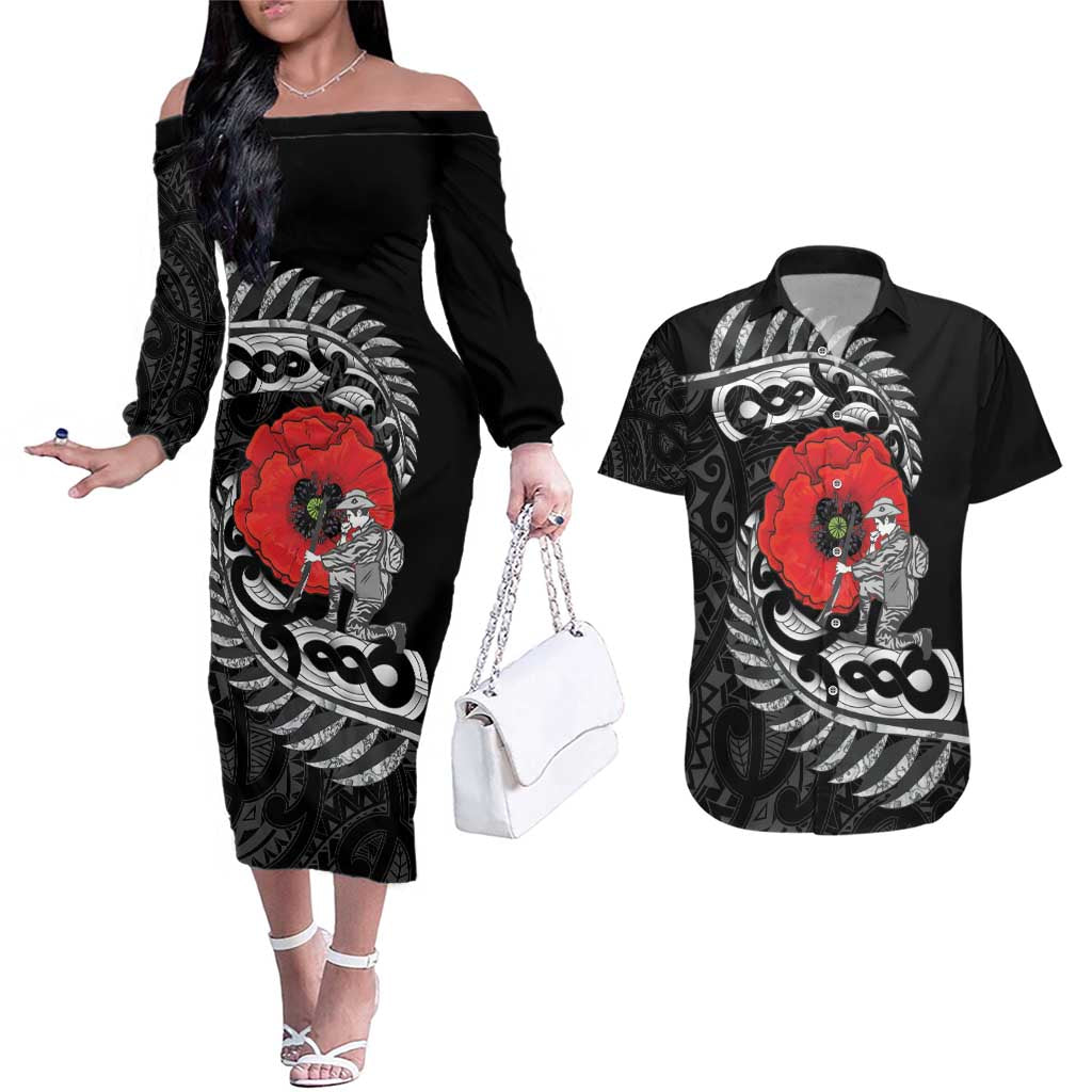 ANZAC Day Aotearoa Silver Fern Maori Personalised Couples Matching Off The Shoulder Long Sleeve Dress and Hawaiian Shirt LT9 Black - Polynesian Pride