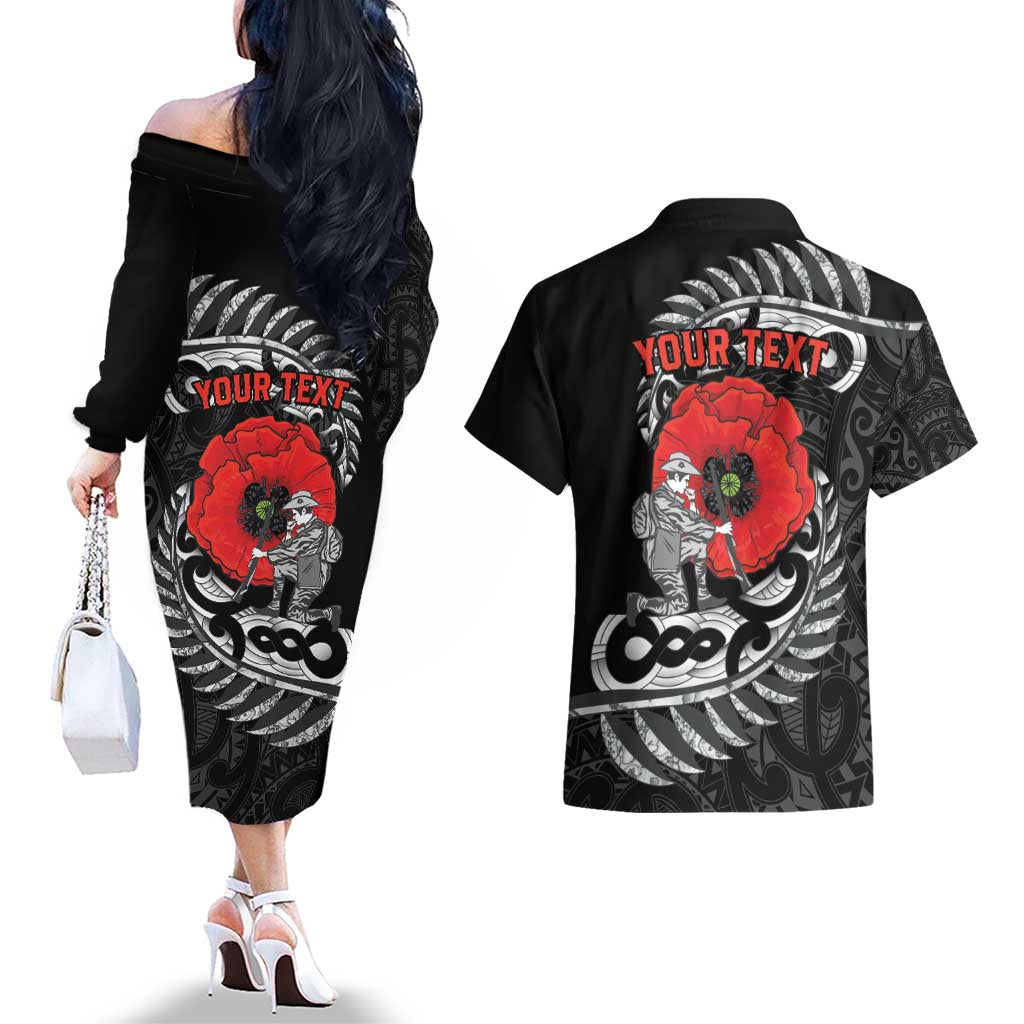 ANZAC Day Aotearoa Silver Fern Maori Personalised Couples Matching Off The Shoulder Long Sleeve Dress and Hawaiian Shirt LT9 - Polynesian Pride