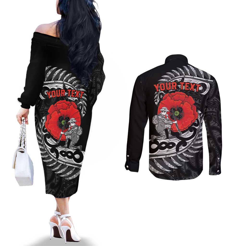 ANZAC Day Aotearoa Silver Fern Maori Personalised Couples Matching Off The Shoulder Long Sleeve Dress and Long Sleeve Button Shirt