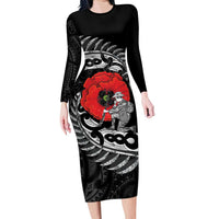 ANZAC Day Aotearoa Silver Fern Maori Personalised Family Matching Long Sleeve Bodycon Dress and Hawaiian Shirt LT9 Mom's Dress Black - Polynesian Pride