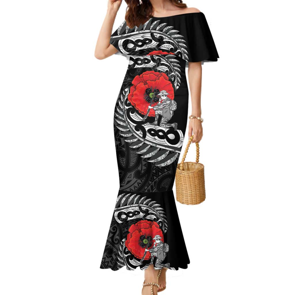 ANZAC Day Aotearoa Silver Fern Maori Personalised Family Matching Mermaid Dress and Hawaiian Shirt LT9 Mom's Dress Black - Polynesian Pride