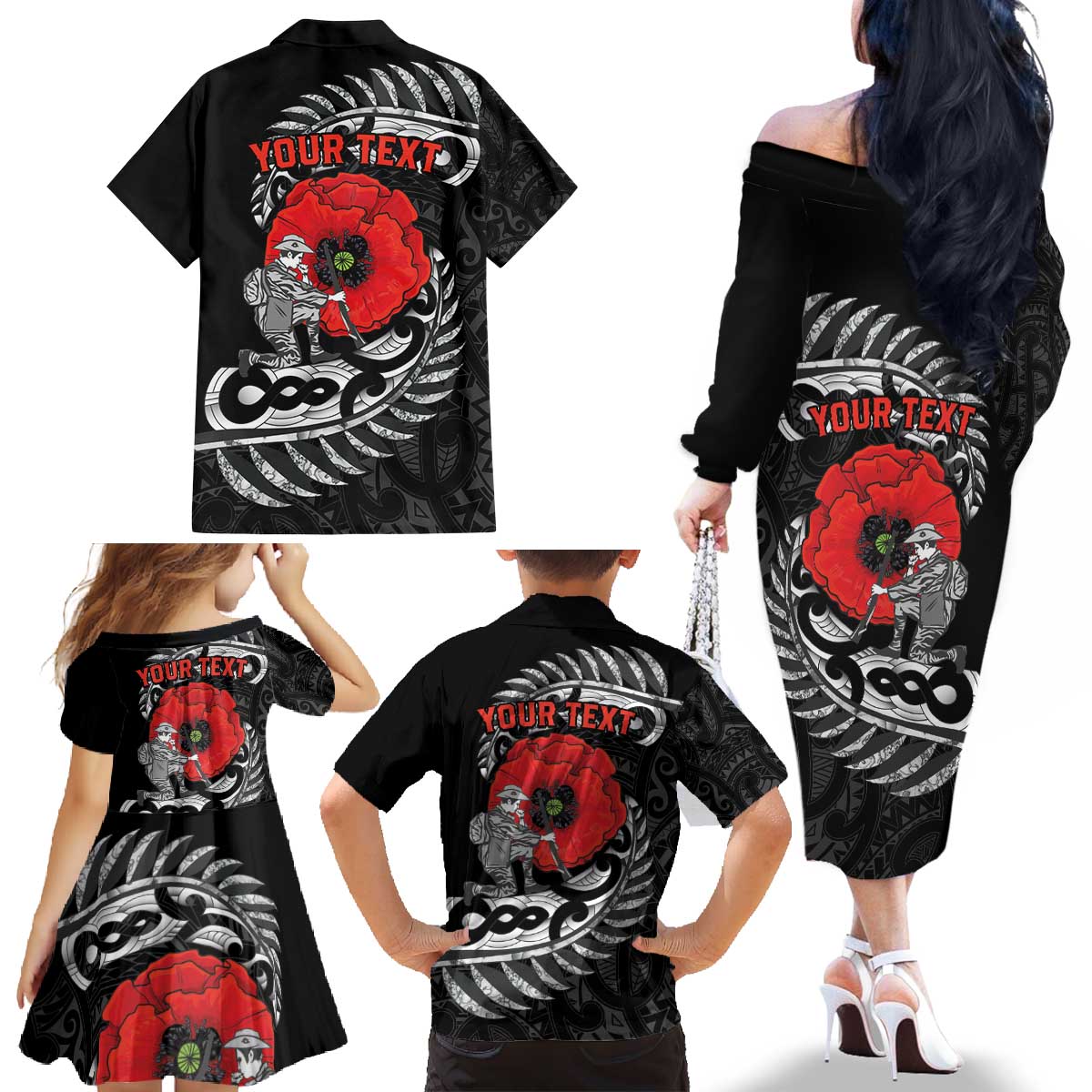 ANZAC Day Aotearoa Silver Fern Maori Personalised Family Matching Off The Shoulder Long Sleeve Dress and Hawaiian Shirt LT9 - Polynesian Pride