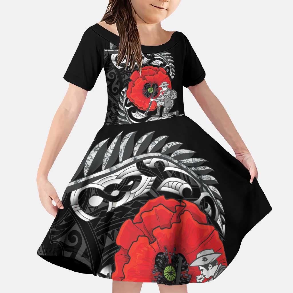 ANZAC Day Aotearoa Silver Fern Maori Personalised Family Matching Off Shoulder Maxi Dress and Hawaiian Shirt LT9 Daughter's Dress Black - Polynesian Pride