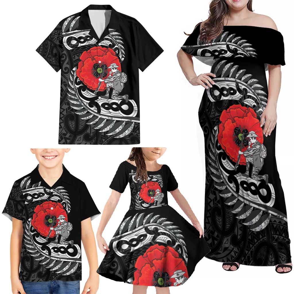 ANZAC Day Aotearoa Silver Fern Maori Personalised Family Matching Off Shoulder Maxi Dress and Hawaiian Shirt LT9 - Polynesian Pride