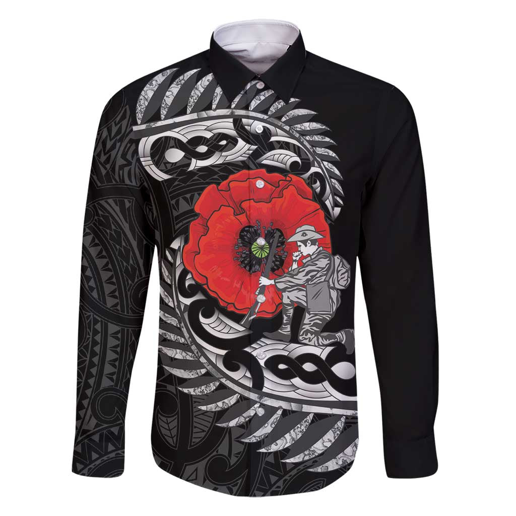 ANZAC Day Aotearoa Silver Fern Maori Personalised Family Matching Off Shoulder Maxi Dress and Hawaiian Shirt LT9 Dad's Shirt - Long Sleeve Black - Polynesian Pride