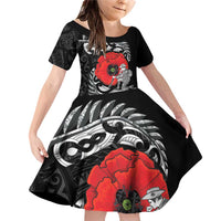 ANZAC Day Aotearoa Silver Fern Maori Personalised Family Matching Off Shoulder Short Dress and Hawaiian Shirt LT9 Daughter's Dress Black - Polynesian Pride