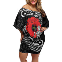 ANZAC Day Aotearoa Silver Fern Maori Personalised Family Matching Off Shoulder Short Dress and Hawaiian Shirt LT9 Mom's Dress Black - Polynesian Pride