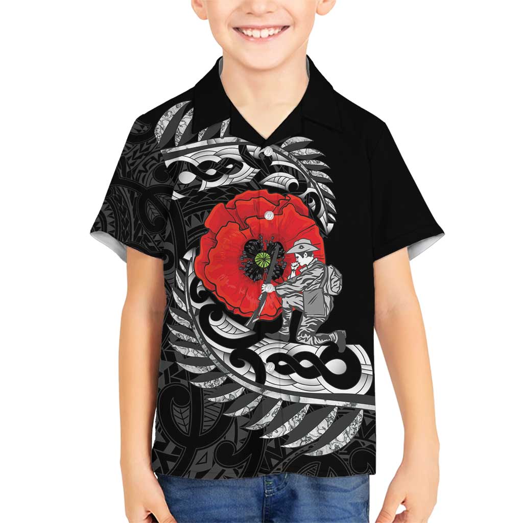 ANZAC Day Aotearoa Silver Fern Maori Personalised Family Matching Off Shoulder Short Dress and Hawaiian Shirt LT9 Son's Shirt Black - Polynesian Pride