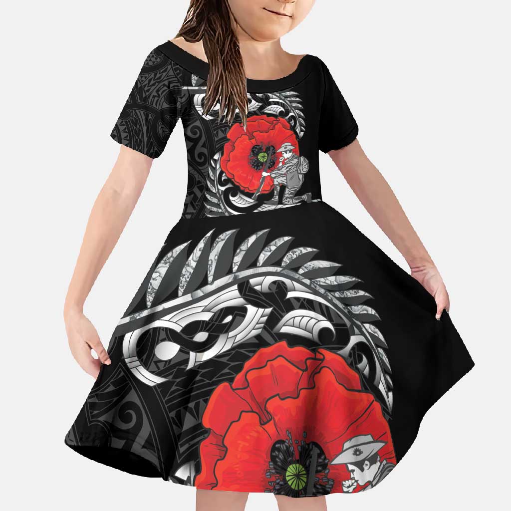ANZAC Day Aotearoa Silver Fern Maori Personalised Family Matching Summer Maxi Dress and Hawaiian Shirt LT9 Daughter's Dress Black - Polynesian Pride