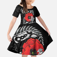 ANZAC Day Aotearoa Silver Fern Maori Personalised Family Matching Summer Maxi Dress and Hawaiian Shirt LT9 Daughter's Dress Black - Polynesian Pride