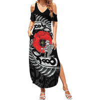 ANZAC Day Aotearoa Silver Fern Maori Personalised Family Matching Summer Maxi Dress and Hawaiian Shirt LT9 Mom's Dress Black - Polynesian Pride
