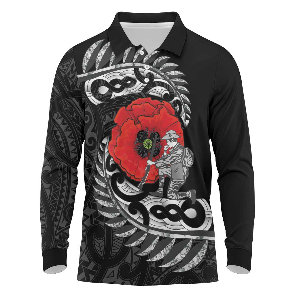 ANZAC Day Aotearoa Silver Fern Maori Personalised Long Sleeve Polo Shirt