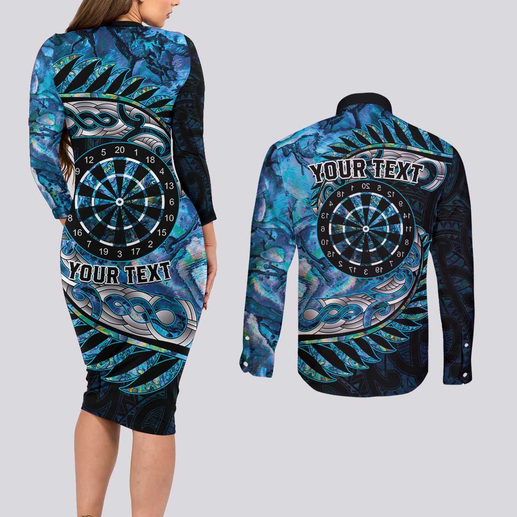 New Zealand Darts Personalised Couples Matching Long Sleeve Bodycon Dress and Long Sleeve Button Shirt Aotearoa Silver Fern Blue Papua Shell Spirit LT9 - Polynesian Pride