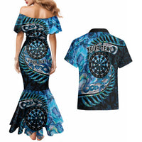 New Zealand Darts Personalised Couples Matching Mermaid Dress and Hawaiian Shirt Aotearoa Silver Fern Blue Papua Shell Spirit LT9 - Polynesian Pride