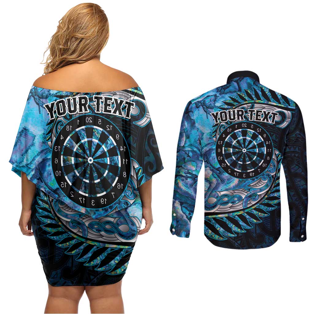 New Zealand Darts Personalised Couples Matching Off Shoulder Short Dress and Long Sleeve Button Shirt Aotearoa Silver Fern Blue Papua Shell Spirit LT9 - Polynesian Pride