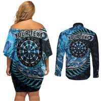 New Zealand Darts Personalised Couples Matching Off Shoulder Short Dress and Long Sleeve Button Shirt Aotearoa Silver Fern Blue Papua Shell Spirit LT9 - Polynesian Pride