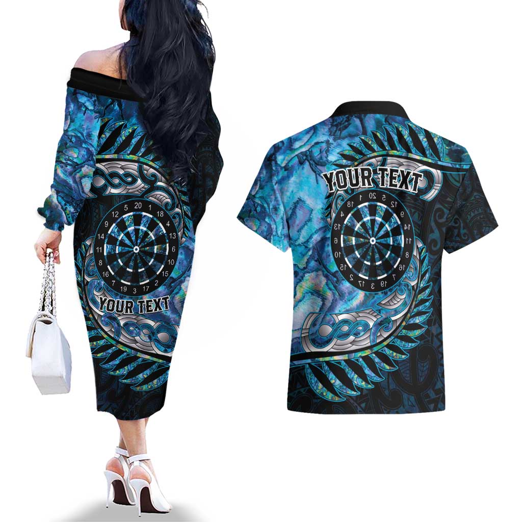 New Zealand Darts Personalised Couples Matching Off The Shoulder Long Sleeve Dress and Hawaiian Shirt Aotearoa Silver Fern Blue Papua Shell Spirit LT9 - Polynesian Pride